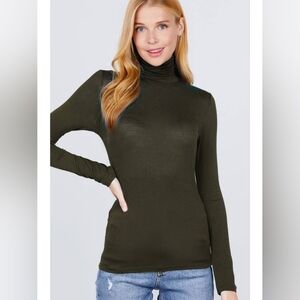 Dark Olive Green Second Skin Semi Sheer Turtleneck Long Sleeve Tee Shirt